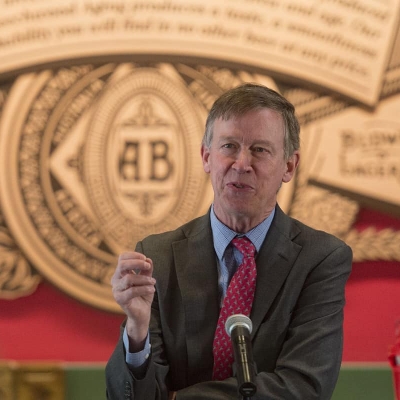 John Hickenlooper is pictured at an Anheuser Busch event in Colorado.
